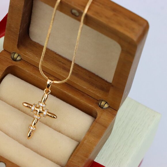 "Rose Gold Cross Pendant with CZ Ring Accents in Modern Sleek Style, XPPT1819 - Picture 7 of 13